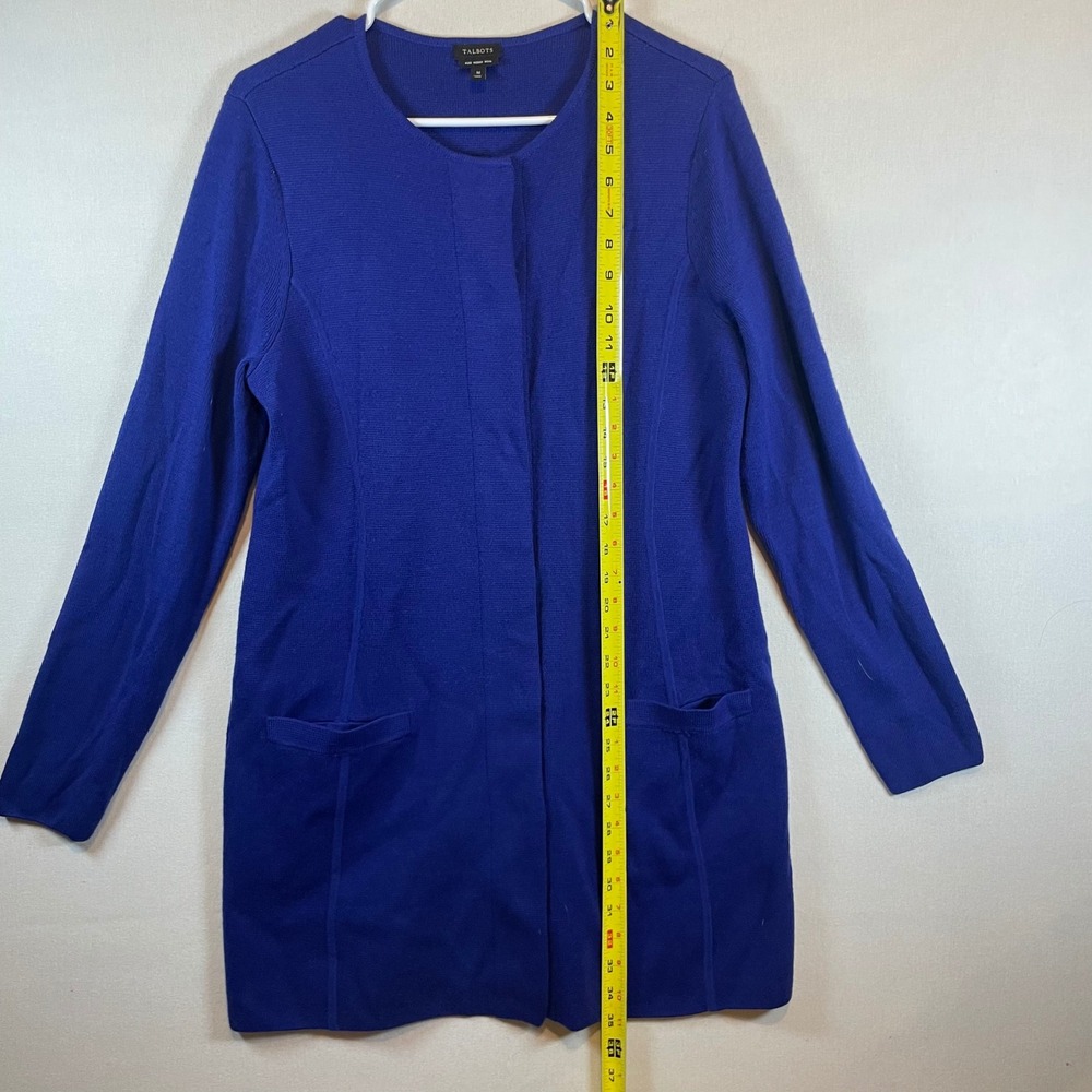 Talbots‎ Pure Merino Wool Long Cardigan Sweater Royal Blue Open Front - Size M - Picture 7 of 9